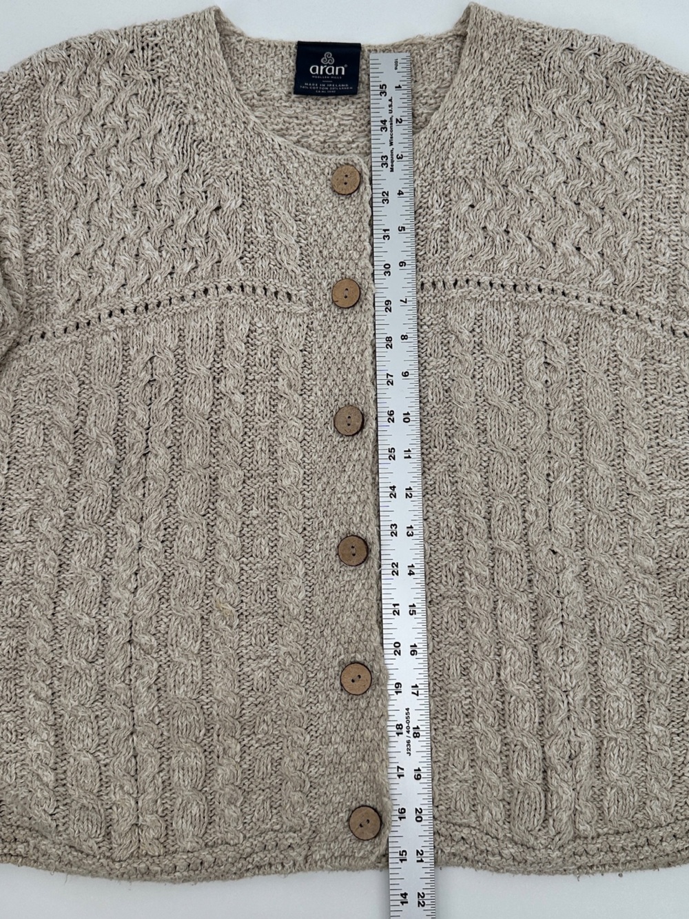 Aran Woollen Mills Irish Linen Wool Blend Cable Knit Cardigan Sweater Oatmeal - Picture 9 of 10